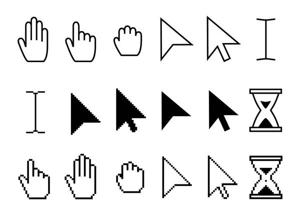 Pointer cursor icons. Web arrows cursors, mouse clicking and grab hand pixel icon vector collection — Stock Vector