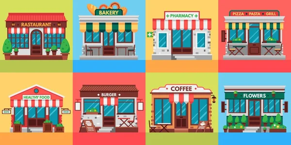 Рестораны и магазины фасадов. Старое здание магазина, магазин и ресторан, внешние плоские векторные иллюстрации — стоковый вектор