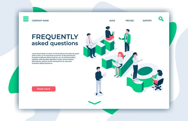 よくある質問。質問、質問、Faq ランディング ページアイソメ ベクトル図 — ストックベクタ
