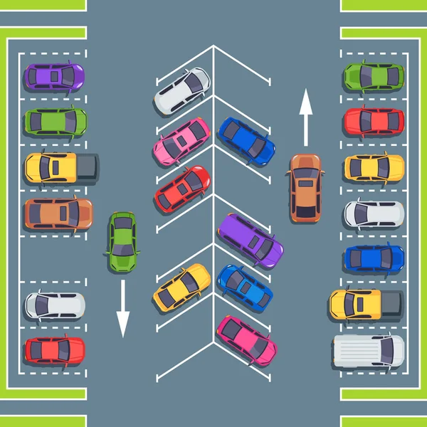 Θέα στο πάρκινγκ της πόλης. Χώροι στάθμευσης για αυτοκίνητα, απεικόνιση διάνυσμα ζώνης στάθμευσης αυτοκινήτων — Διανυσματικό Αρχείο