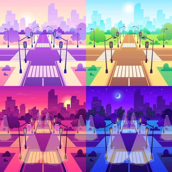 Crossroad a crosswalk. Közúti forgalom kereszteződés, nappali városkép és a városi út csomópont karikatúra vektor illusztráció — Stock Vector
