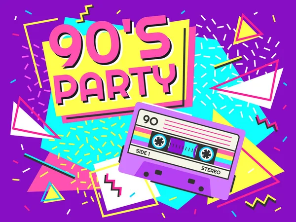 Retro Party plakát. Kilencvenes évek zene, Vintage szalagos kazetta banner és 90-es évek stílusában vektor háttér illusztráció — Stock Vector