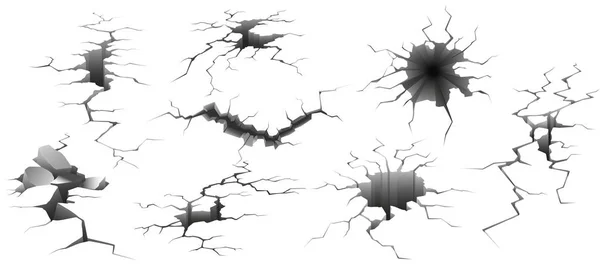 Retakan gempa bumi. Dinding rusak, lubang di tanah dan kehancuran retak Vektor terisolasi set ilustrasi - Stok Vektor