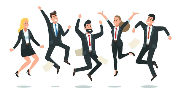 Squadra d'affari che salta. Gli impiegati saltano, felici colleghi aziendali saltano insieme e lavoro di squadra divertente vettoriale illustrazione dei cartoni animati — Vettoriale Stock