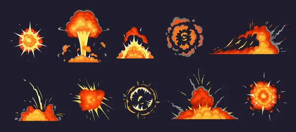 Tecknad explosion. Exploderande bomb, Atomic explodera effekt och komiska explosioner rök moln vektor illustration set — Stock vektor