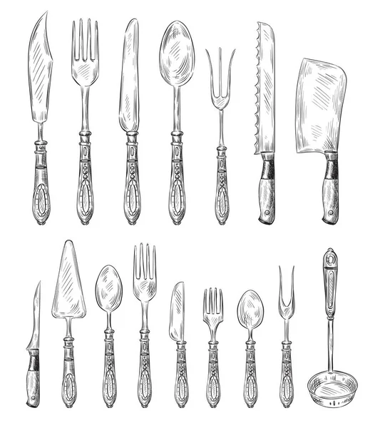 Juego de cubiertos dibujados a mano. Tenedor vintage, cuchara de comida y boceto cuchillo de cena vector ilustración conjunto — Archivo Imágenes Vectoriales