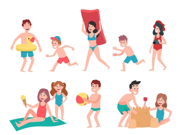 Bambini che giocano in spiaggia. Vacanze estive vacanze bambini, nuoto e prendere il sole bambino cartone animato vettore illustrazione set — Vettoriale Stock