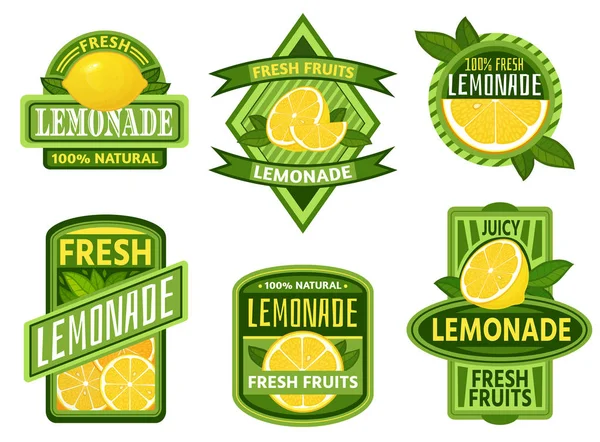 Placas de limonada. Insignia de emblema de bebida de limón, frutas frescas limones jugo vintage limonadas emblemas vector conjunto — Vector de stock