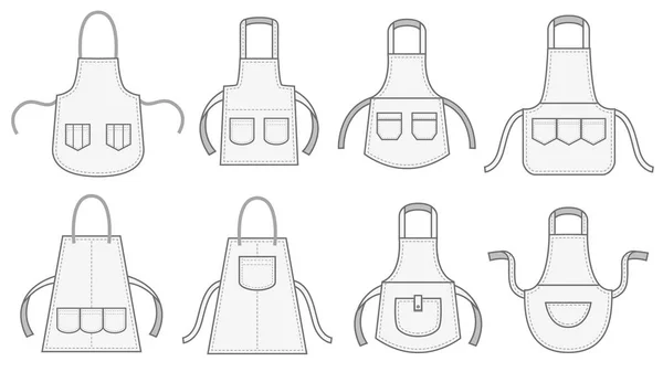 Küchenschürzen. Schürze mit aufgesetzter Nahttasche, weißer Küchenuniform und Zimmermädchen-Vektor-Illustrationsset — Stockvektor