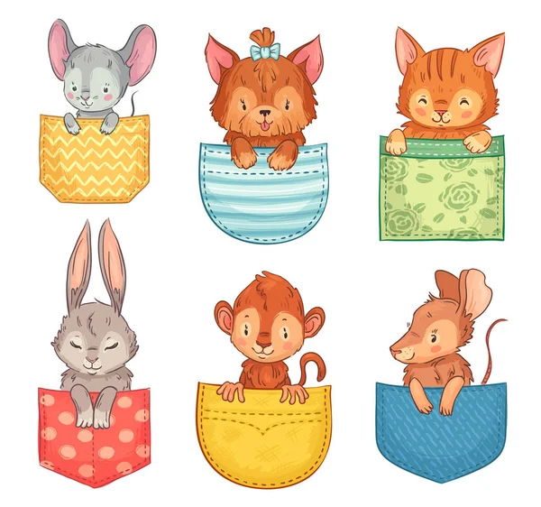 Cartoon-Taschentiere. Netter Hund, lustige Katze und Hase. Affe, Maus und Ratte Tier in Taschen Vektor Illustrationsset — Stockvektor