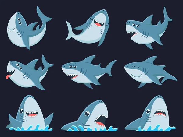 Ocean Shark maskot. Skrämmande hajar djur, leende käkar och simning haj tecknad vektor illustration set — Stock vektor