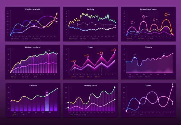 Vonaldiagram-diagramok. Üzleti pénzügyi grafikonok, marketing chart grafika és hisztogram infographic vektor szett — Stock Vector