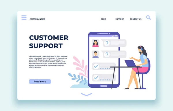 Kundenbetreuung. persönlicher Assistent, Technischer Support Operator hilft Kunden im Chat auf Smartphone-Bildschirm Landing Page Vektor Illustration — Stockvektor