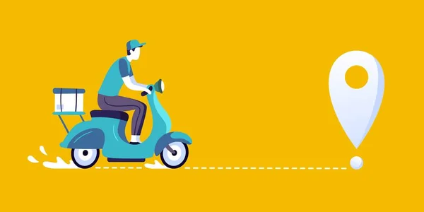 Uomo delle consegne in scooter. Spedizioni alimentari corriere, consegna su city bike e consegna percorso vettoriale illustrazione — Vettoriale Stock