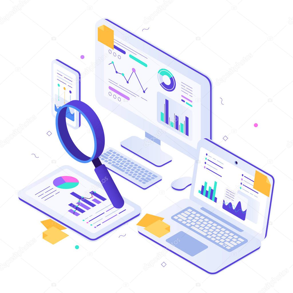 Online financial audit. Isometric website metrics, statistical graphs dashboards and web seo research vector illustration