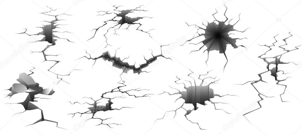 Earthquake crack. Ruined wall, hole in ground and destruction cracks isolated vector illustration set