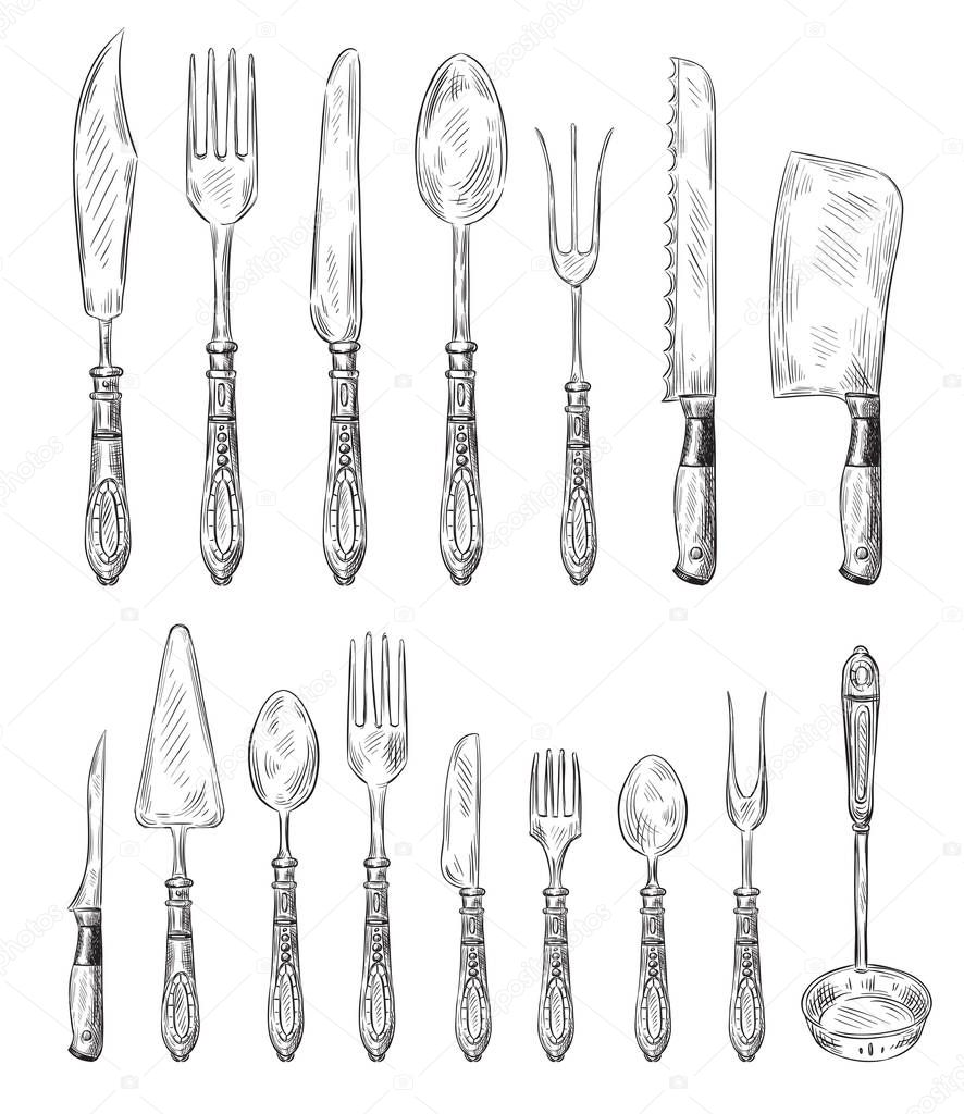 Hand drawn cutlery set. Vintage fork, food spoon and sketch dinner knife vector illustration set