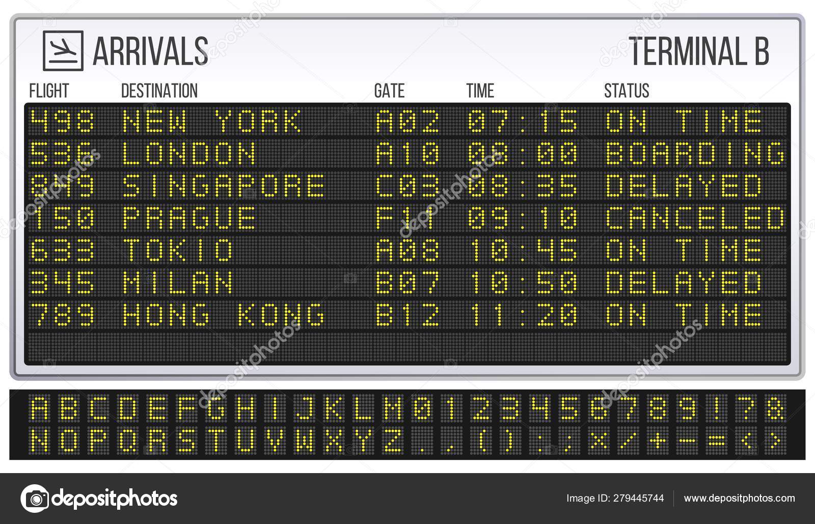 Airport Scoreboard Digital Led Board Font Arrivals And Departures Signs Realistic Vector Illustration Stock Vector C Tartila Stock Gmail Com 279445744