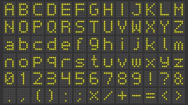 Led ekran yazı tipi. Dijital skorbord alfabesi, elektronik işaret numaraları ve havaalanı elektrikli ekran harflervektör seti