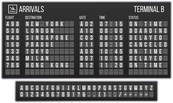 スコアボードフリップフォント。到着空港の看板、鉄道の到着と出発スコアボード文字現実的なベクトルセット — ストックベクタ