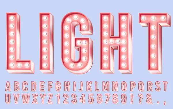 Pink lighting font. Alphabet letters with bulbs, retro numbers and bright bulb lights in letter 3d vector illustration