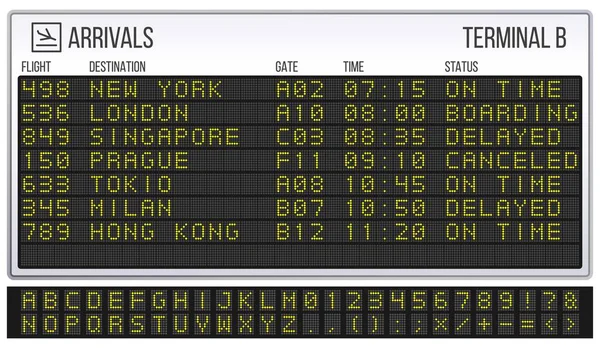 空港のスコアボード。デジタルLedボードフォント、到着と出発は、現実的なベクトルイラストをサイン — ストックベクタ