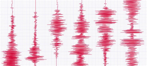 地震計図の地震グラフ。オシロスコープ波、地震計波形、地震活動グラフベクトル図 — ストックベクタ