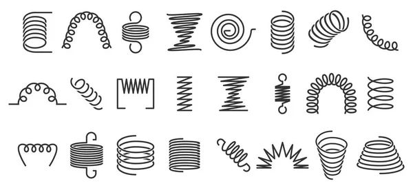 Spiralfeder. Flexible Spulen, Drahtfedern und Metallspiralen Silhouettenvektorsymbole gesetzt — Stockvektor