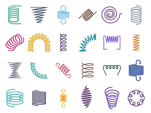 Kleur spiraal spiralen. Metalen spoelen, flexibele draad veren en spiraalveer vector icons set — Stockvector