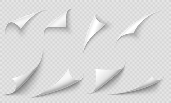 Angolo pagina arricciato. Bordi di carta, angoli di pagine curve e riccioli di carta con set realistico di illustrazioni vettoriali ombra — Vettoriale Stock