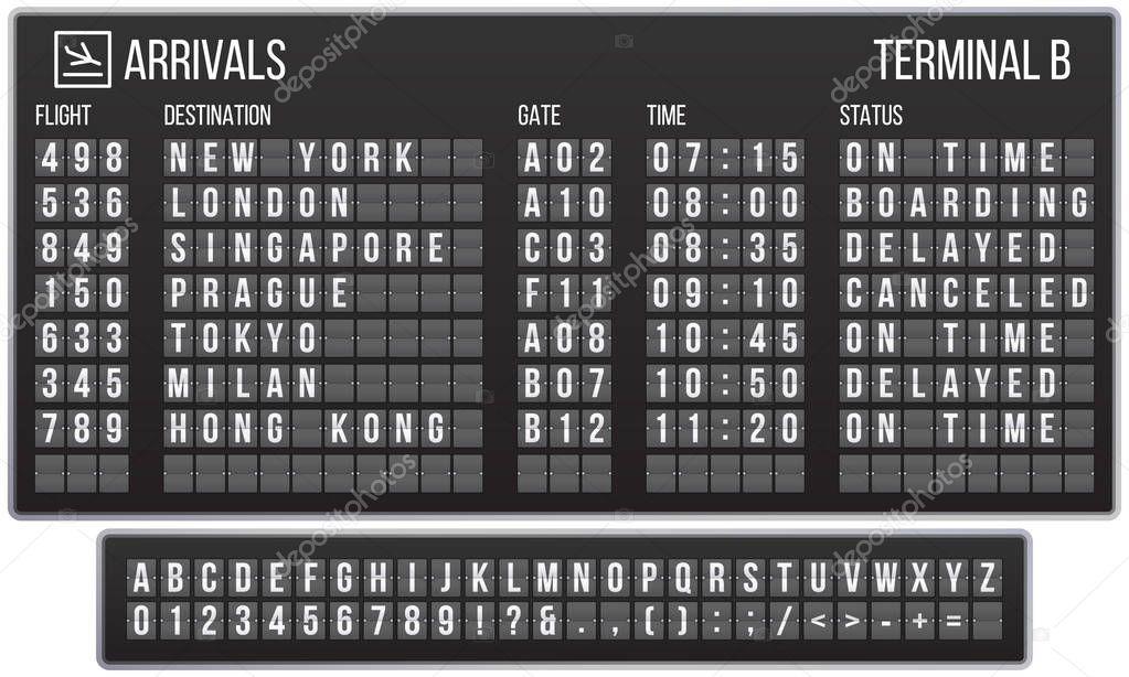Scoreboard flip font. Arrival airport signs board, railroad arrivals and departures scoreboards letters realistic vector set