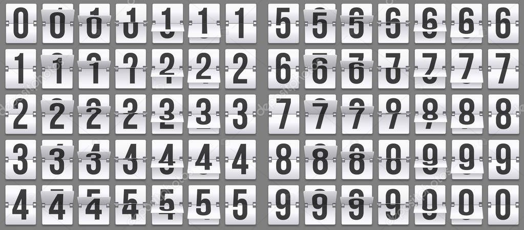 Flip clock numbers. Retro countdown animation, mechanical scoreboard number and numeric counter flips vector set