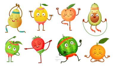 Meyve karakterleri yoga. Fitness egzersizleri Meyve pozlar, sağlıklı yaşam gıda ve komik spor meyve karikatür vektör illüstrasyon seti