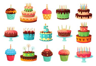 Karikatür doğum günü partisi pastaları. Tatlı pişmiş kek, renkli cupcakes ve kutlama kek vektör illüstrasyon seti