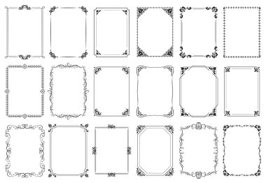 Dekoratif çerçeveler. Retro süs çerçevesi, vintage dikdörtgen süsler ve süslü sınır vektör seti
