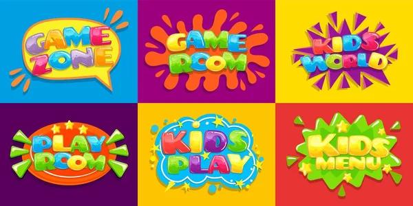 Game room posters. Fun kids playroom, games playing zone for young kid and kids menu vector illustration background