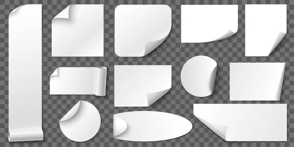 Pegatinas de papel rizado esquinas. Pegatina adhesiva, etiquetas en blanco y etiqueta con un conjunto realista de vectores de sombras — Vector de stock