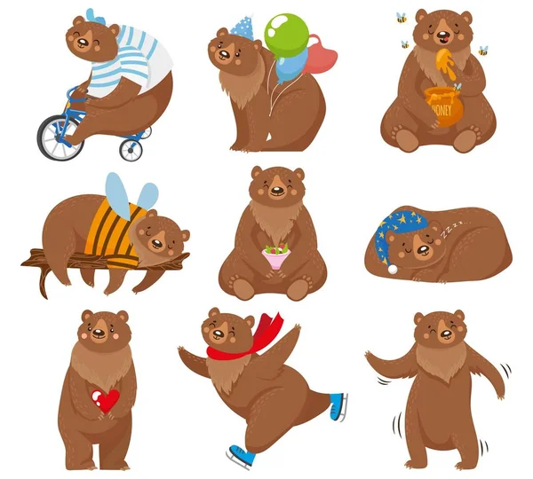 Ursos dos desenhos animados. Urso feliz, urso pardo come mel e urso marrom personagem em poses engraçadas ilustração vetorial isolado — Vetor de Stock