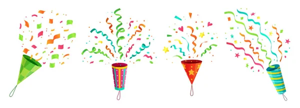 Festa confetti popper. Explodindo aniversário celebração confete poppers e voando parabéns fitas conjunto vetor cartoon —  Vetores de Stock