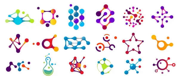 Propojené molekuly. Model připojení molekuly, chemická částice a barevná molekulární struktura izolované ploché vektorové sady — Stockový vektor