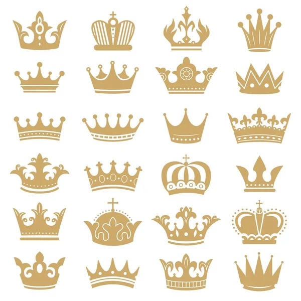 Silueta corona de oro. Coronas reales, coronación rey y lujo reina tiara siluetas iconos vector conjunto — Vector de stock