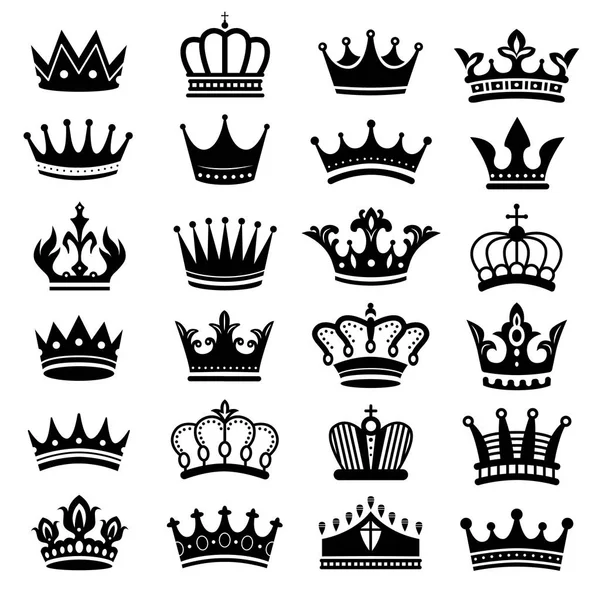 Silueta de corona real. Rey coronas, corona majestuosa y lujo tiara siluetas vector conjunto — Vector de stock