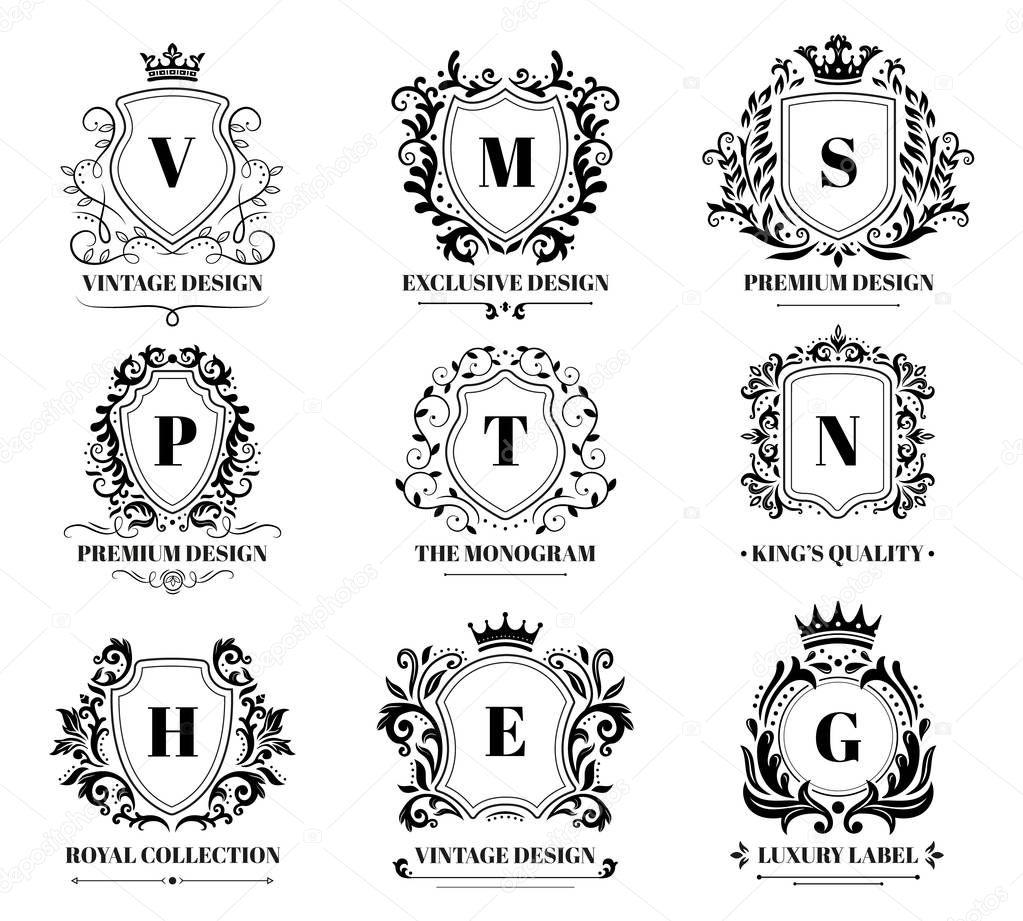 Royal shields badges. Vintage ornament luxury logo frame, retro ornamental shield sign and decorative ornaments badge vector set