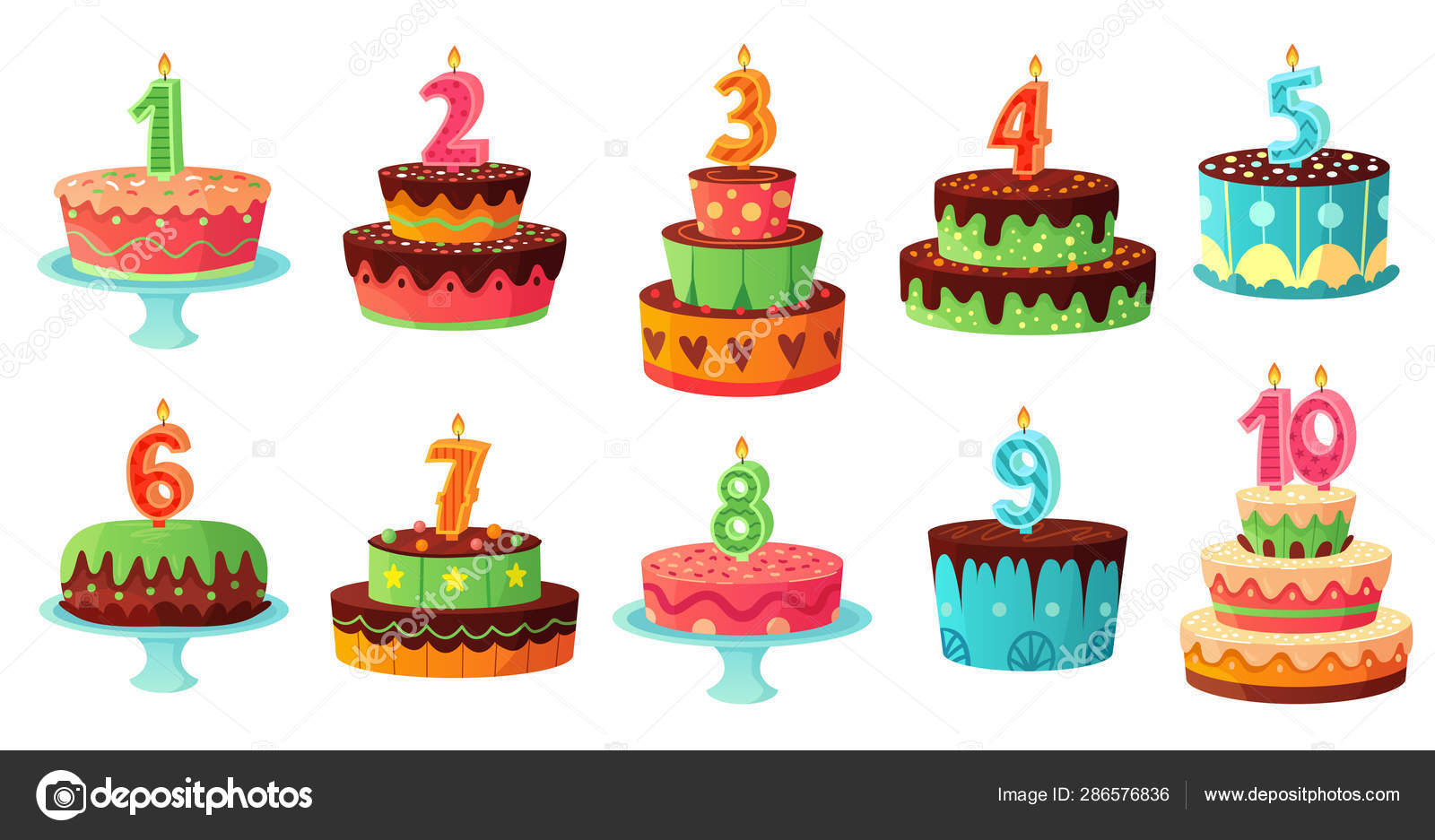 Desenhos animados aniversário bolo números vela. Velas de aniversário, festa  festa bolos vetor ilustração conjunto Vetor de stock de  ©tartila.stock.gmail.com 286576836, image size:1600x937