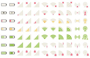 Mobil seviye simgeleri. Ağ sinyali, wifi bağlantısı ve pil düzeyleri simgesi. Gadgets piller, telefon sinyalleri pictogram vektör seti