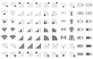 Cep telefonu bar simgeleri. Akıllı telefon pil şarj seviyesi, wifi sinyal gücü simgesi ve ağ bağlantı düzeyleri piktogram vektör seti