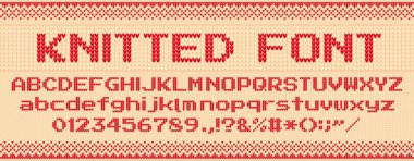 Örme yazı tipi. Noel çirkin kazak, örgü harfler ve halk kazak xmas metin şablonu vektör illüstrasyon seti