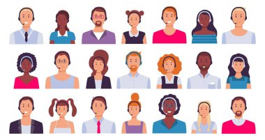 Çağrı merkezi çalışanı. Müşteri destek asistanı, sekreter işçiler ve 24 7 teknik destek operatörü avatar vektör seti