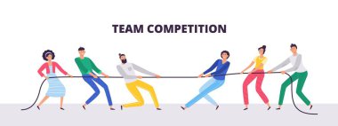 Tug of war. People teams pull the rope, office workers compete and rope pulling competition flat vector illustration clipart