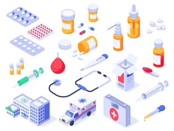 Isometrische EHBO-kit. Gezondheidszorg medische pillen, apotheek medicijnen en drug flessen. Ziekenhuis ambulance 3D geïsoleerde vector set — Stockvector